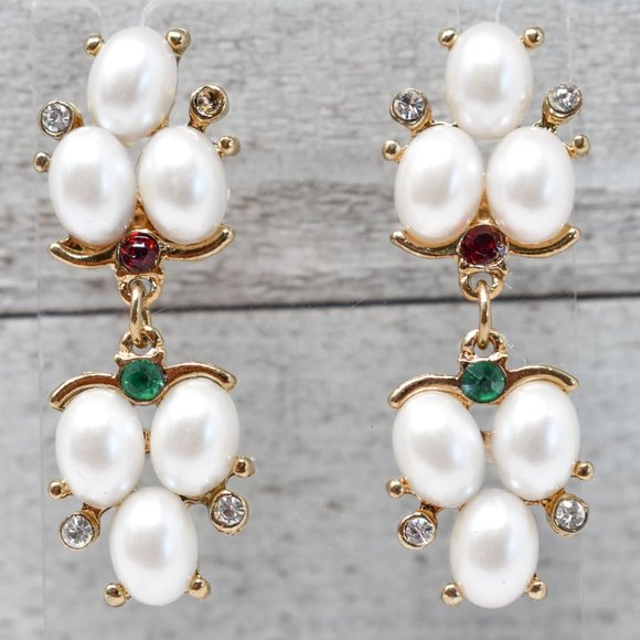1.75" Drop Dangle Pearl Red/Green Earrings - Picture 1 of 12